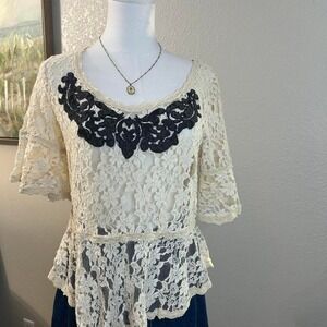 Free People Boho Lace Peplum Top Festival Blouse Ivory & Black - Size M